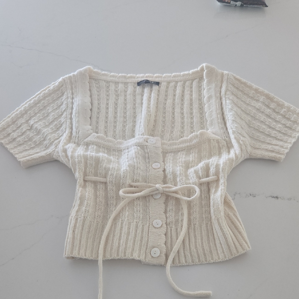 Papermoon Cream Ribbed Knit Crop Top with Button Detail